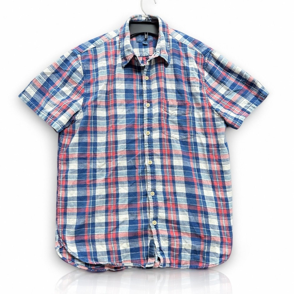 Lucky Brand Plaid Shirt Mens Medium Blue Red True Indigo Short Sleeve Americana